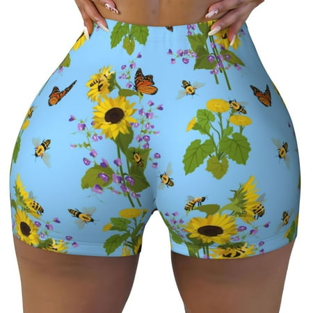 Workout Shorts Women  Sunflowers And Bees Biker Shorts for Women Running Gym Spandex Shorts Tummy Control