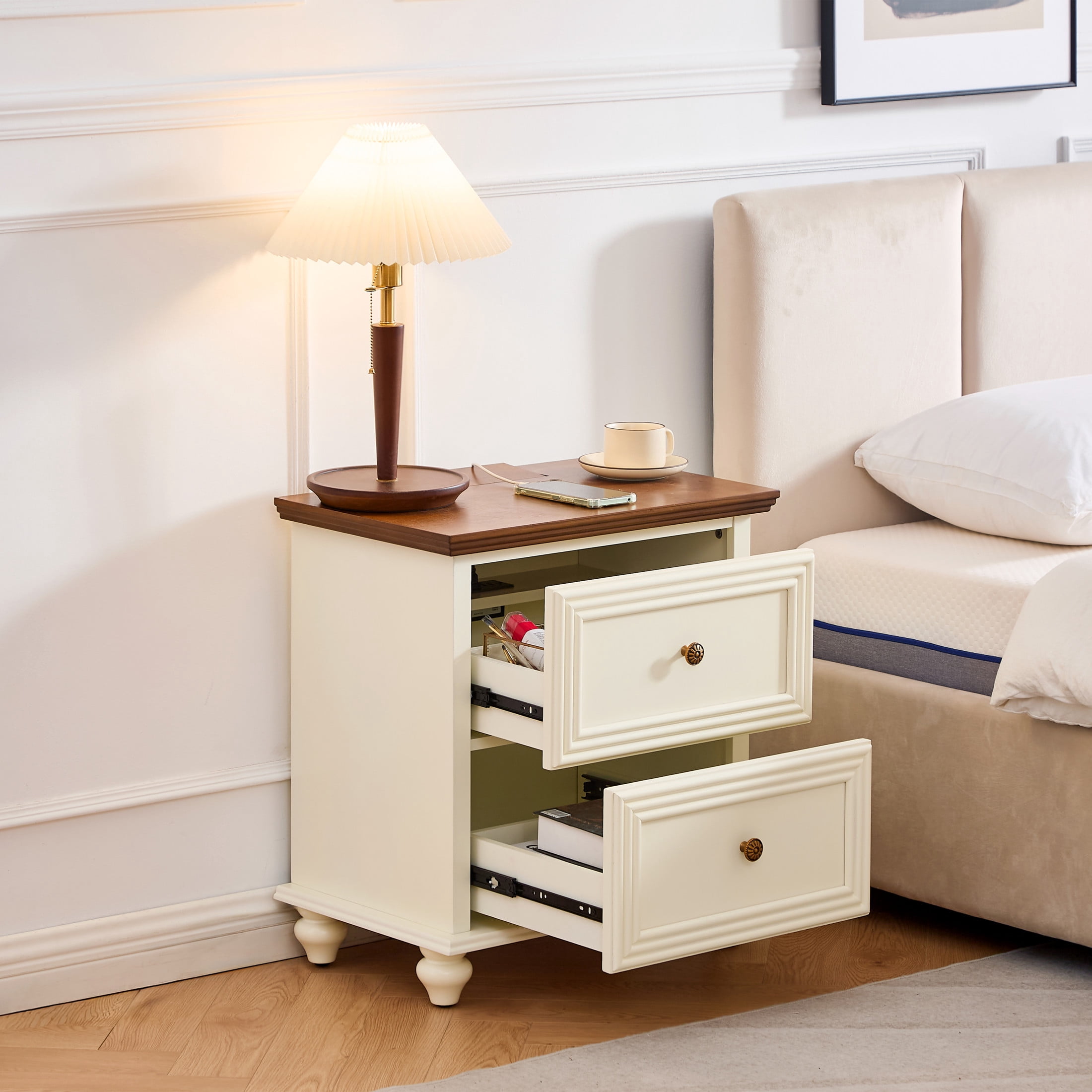 GDF Studio 22.9" Mid Century Modern Nightstand with Charging Station, 2 Drawers & Outlet, Brown+White