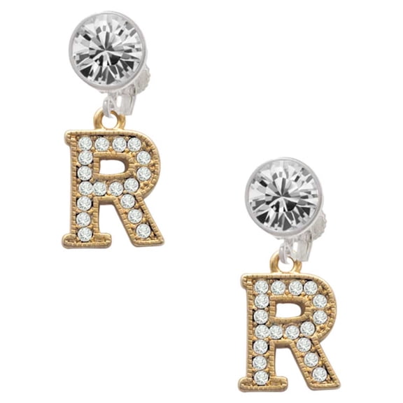 Goldtone Crystal Initial - R - Clear Crystal Clip On Earrings