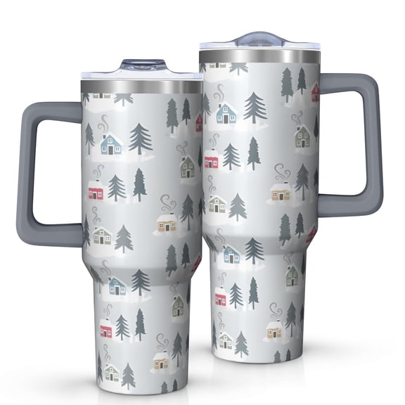 Gray Christmas House and Tree Pattern Tumbler with Handle and Lid,40oz Double Wall Vacuum Insulated Tumbler,Cups Gift for Women and Men
