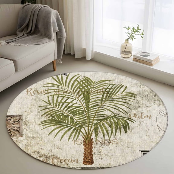 Vintage Palm Trees Round Area Rug 4 FT, Non Slip Indoor Outdoor Rug, Summer Tropical Botanical Beige Burlap Washable Soft Circular Carpet Non-Shedding Floor Mat for Coffee Table Nursery Foyer Balcony