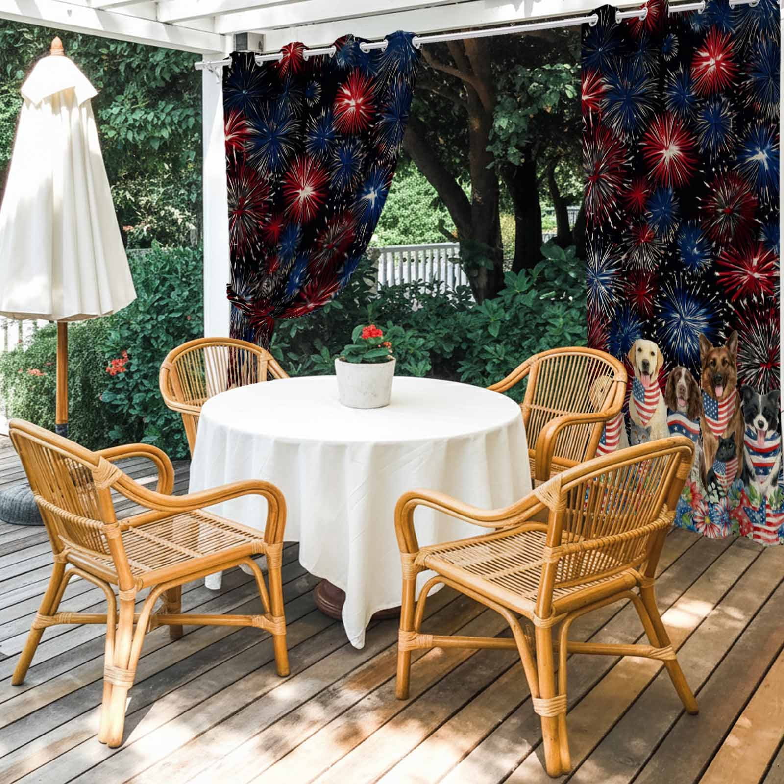 Independence Day Dog Cat Outdoor Curtains for Patio, Watercolor Red Blue Stripe Star Flag Firework Sunshade Privacy Drapes Grommet Waterproof Outside Curtains for Porch Balcony 54"x108", 1 Panel