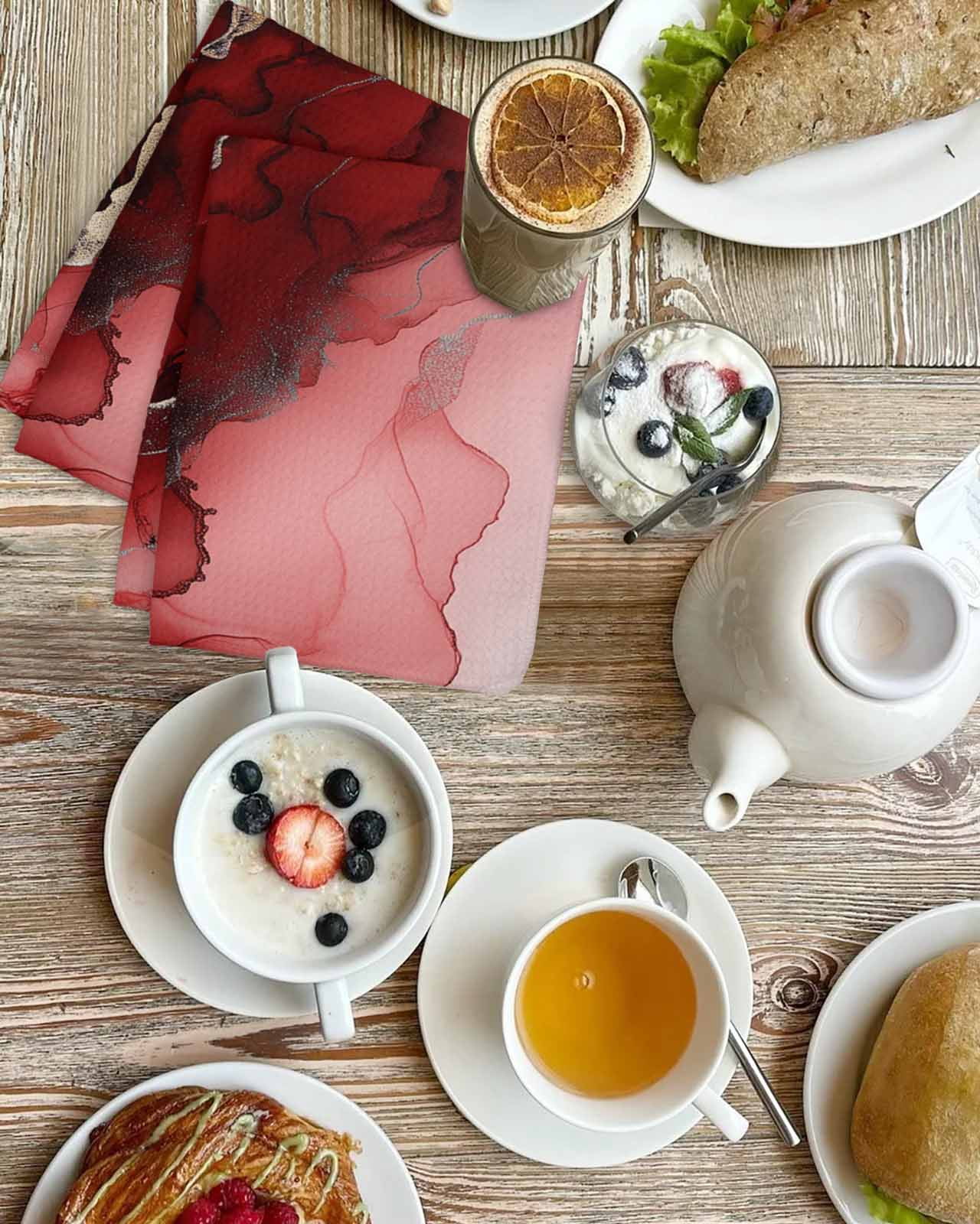 Red Marble Kitchen Dish Towels for Drying Dishes Set of 2, Modern Ombre Abstract Ink Painting Art Waffle Weave Microfiber Hand Tea Bathroom Towels Quick Dry & Absorbent Towel 15.7x23.6