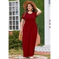 thumbnail image 2 of SHOWMALL Women's Plus Size Maxi Dress with Pockets, Burgundy 1X Short Sleeve Scoop Neck Casual Summer & Wedding Guest Dress, 2 of 5