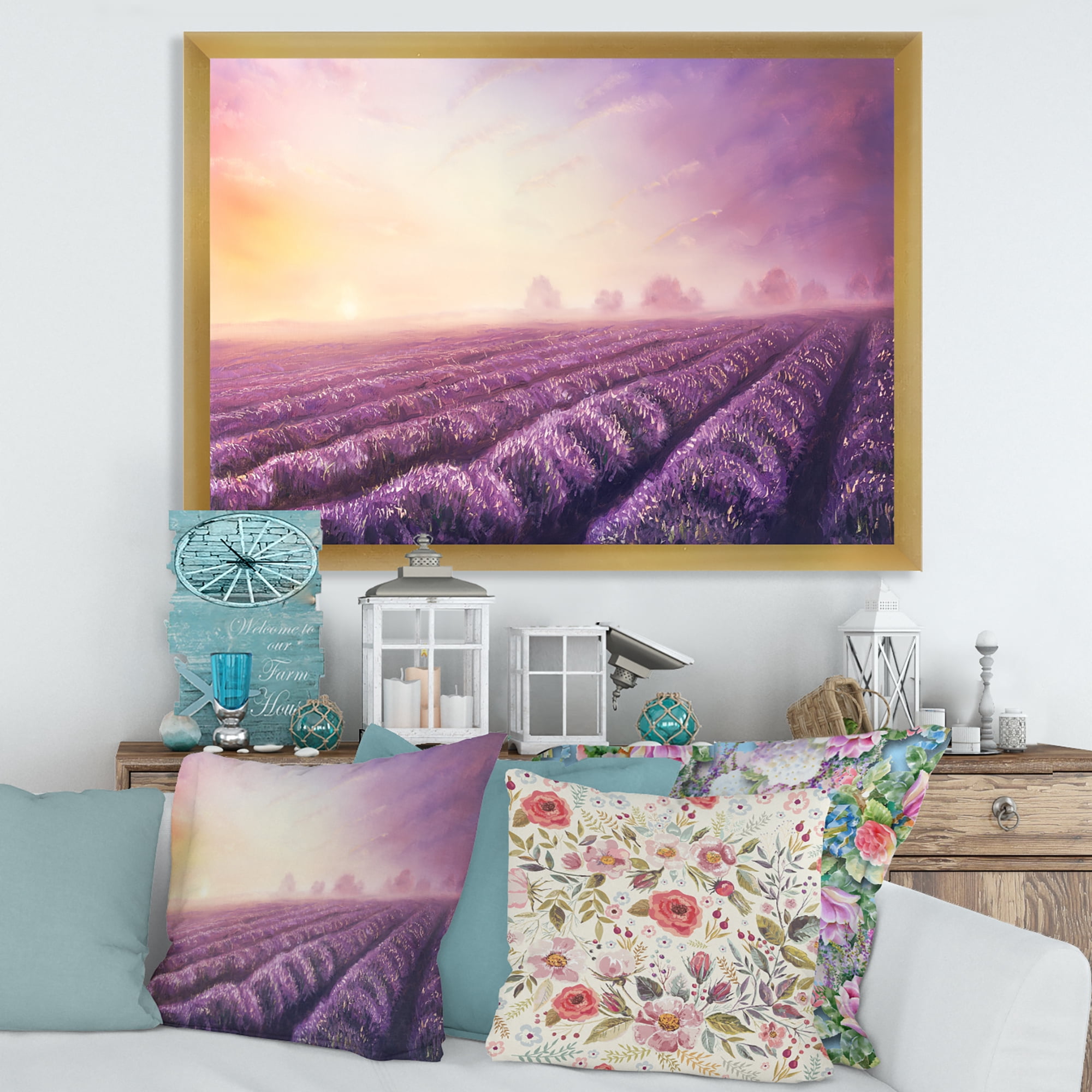 Lavender Fields During Sunrise 40 in x 30 in Framed Painting Canvas Art Print, by Designart