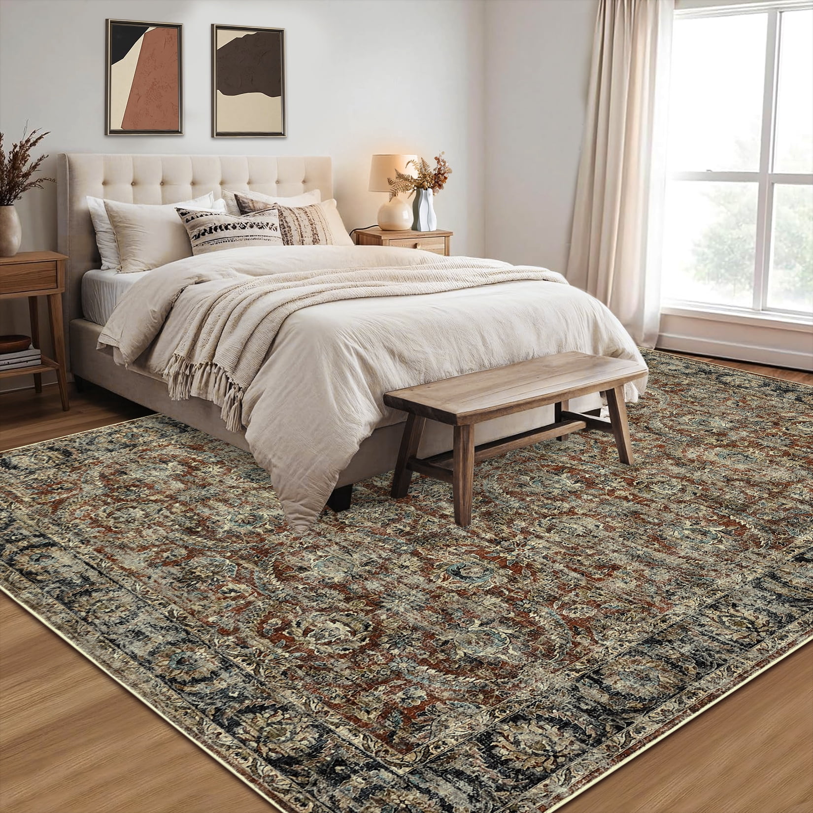 Garvee 5'x7' Vintage Area Rugs Washable Rugs, Non Slip Low Pile Rug Stain Resistant Contemporary Indoor Soft Carpet for Living Room Bedroom Dining Room, Red