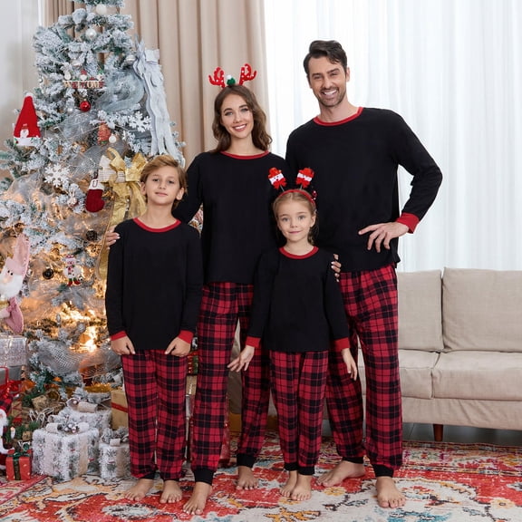 Family Matching Christmas Pajamas Set Solid Top Plaid Pant Holiday Pajamas Sleepwear PJs