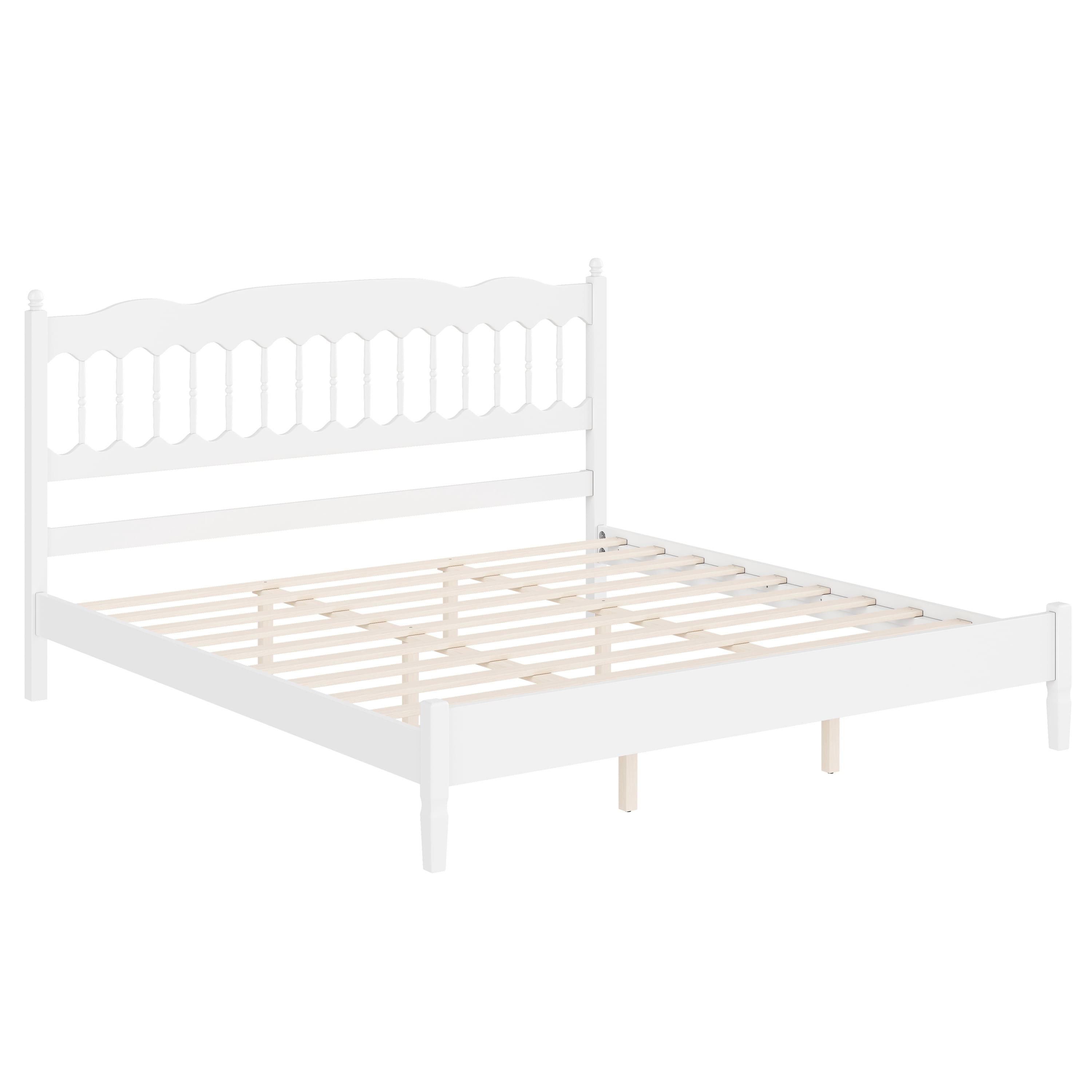 Mintazer Farmhouse King Platform Bed with Spindle Headboard, Vintage Arched Slat Platform Bed Frame for Bedroom, No Box Spring Required, White