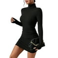 thumbnail image 2 of Vestido Tipo Suéter de Punto Acanalado para Mujer, de Larga, Fruncido, Ajustado, con Cuello Alto y Cintura Alta Negro M, 2 of 9