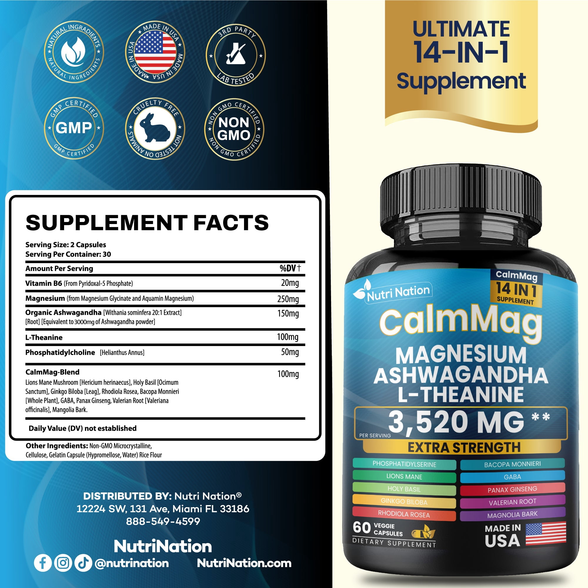 Nutri Nation Magnesium Glycinate & Ashwagandha Capsules, Extra Strength, 60 Count