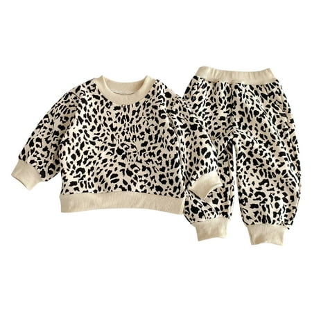 

Hrsba Boys 2-Pack Sweatshirts Sets Cute Leopard Print Pullover and Pant Sets Long Sleeve Round Neck Shirt Sets Beige 30-36M