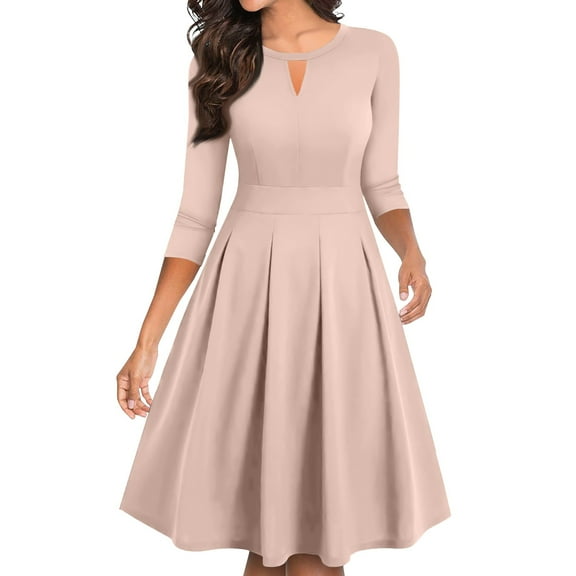 Elegant Women's 3/4 Sleeve A-Line Midi Dress with Keyhole Neckline Perfect for Casual or Formal Occasions