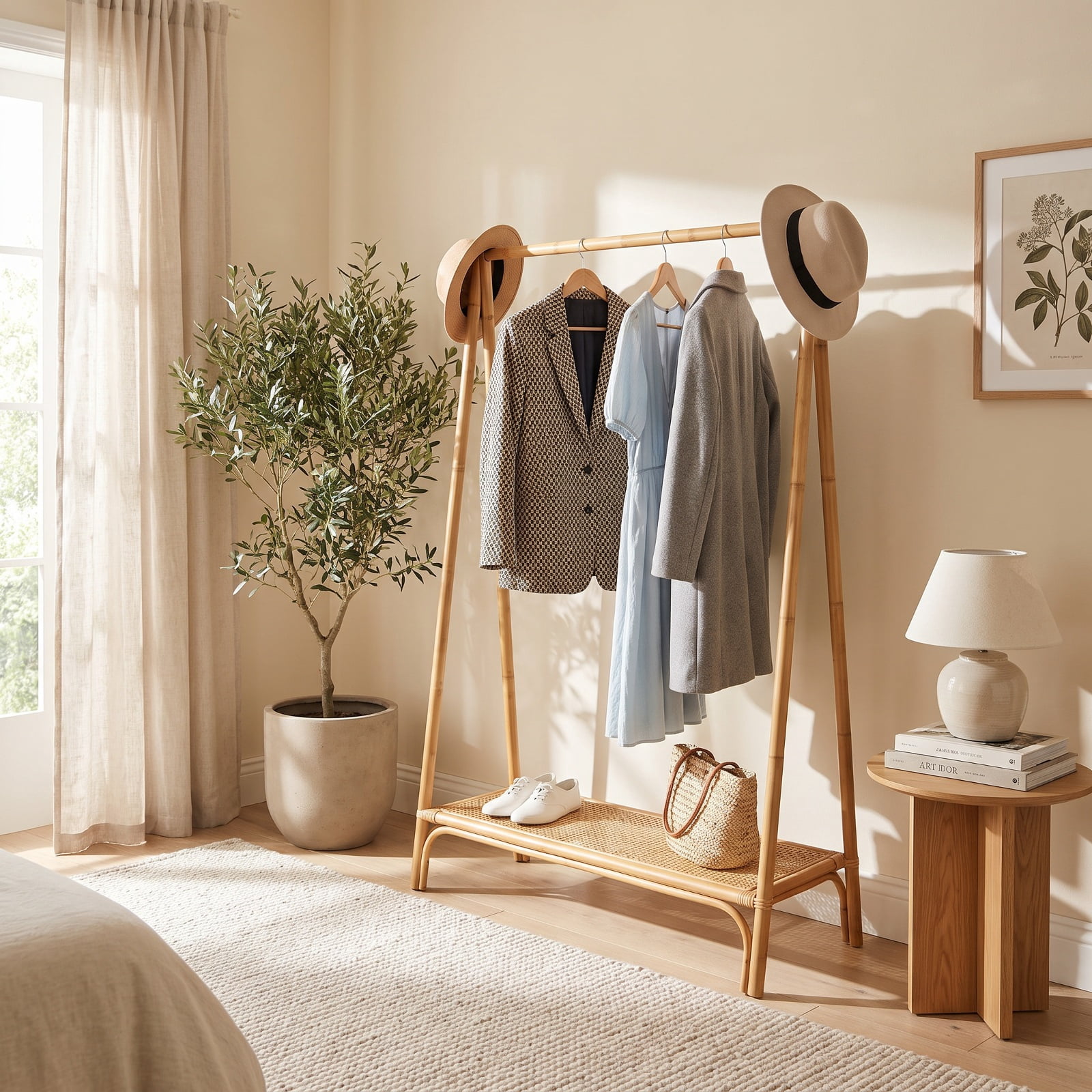 Furnibear Bamboo Clothes Rack with Hanging Rod Rattan Shelf and 5 Copper Hooks Freestanding Garment Rack for Bedroom and Entryway, Brown