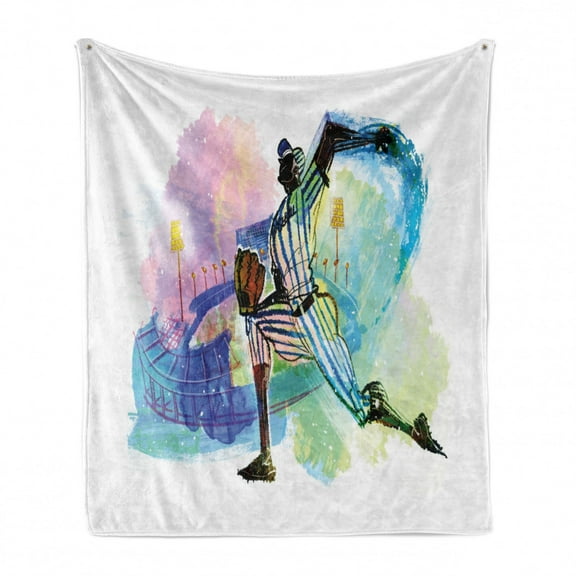 Baseball Soft Flannel Fleece Throw Blanket, Colorful Illustration of a Baseball Player in a Striped Outfit Sketchy, Cozy Plush for Indoor and Outdoor Use, 60" x 80", Multicolor, by Ambesonne
