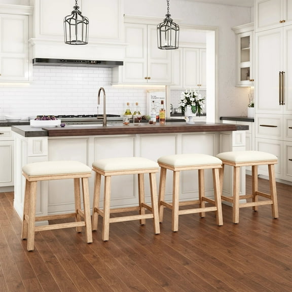 MF Studio 24" Wood Bar Stool, Backless Counter Height Stool with Padded Seat for Kitchen Island, Set of 4, White