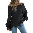 thumbnail image 1 of MIASHUI Women's Fall Winter Solid Color Hollow Out Long Sleeve Distressed Detail Off-Shoulder Pullover Sweater Black,XL, 1 of 8
