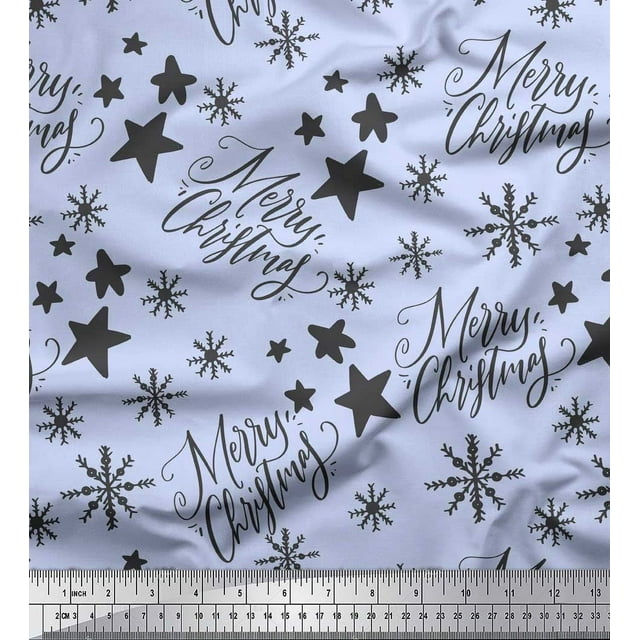 Soimoi Blue Modal Satin Fabric Star & Snowflakes Text Fabric Prints By Yard 42 Inch Wide