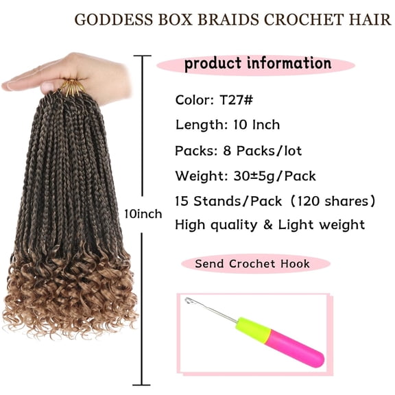WEIF-10 Inch Goddess Box Braids Crochet Hair with Curly Ends 8 Packs Pre-looped 3X Goddess Braids Hair Extensions Synthetic Boho Box Braiding Hair for Women (15Strands/pack T27#)