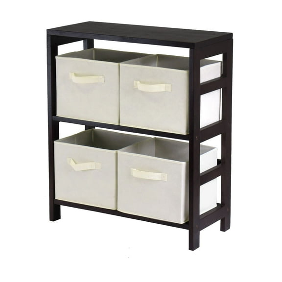 2-Section M Storage Shelf with 4 Foldable Beige Fabric Baskets