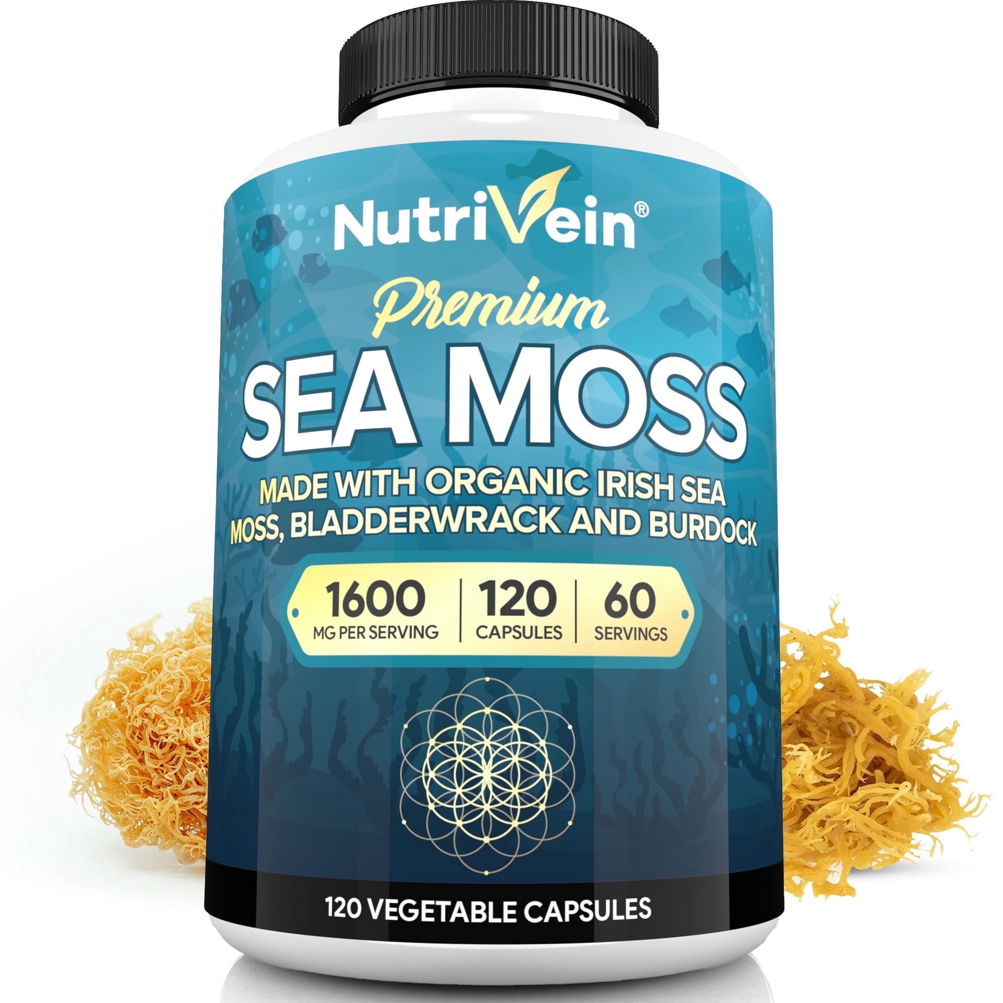 NutriVein Organic Sea Moss 1600 mg Gut and Thyroid Support 120 Capsules