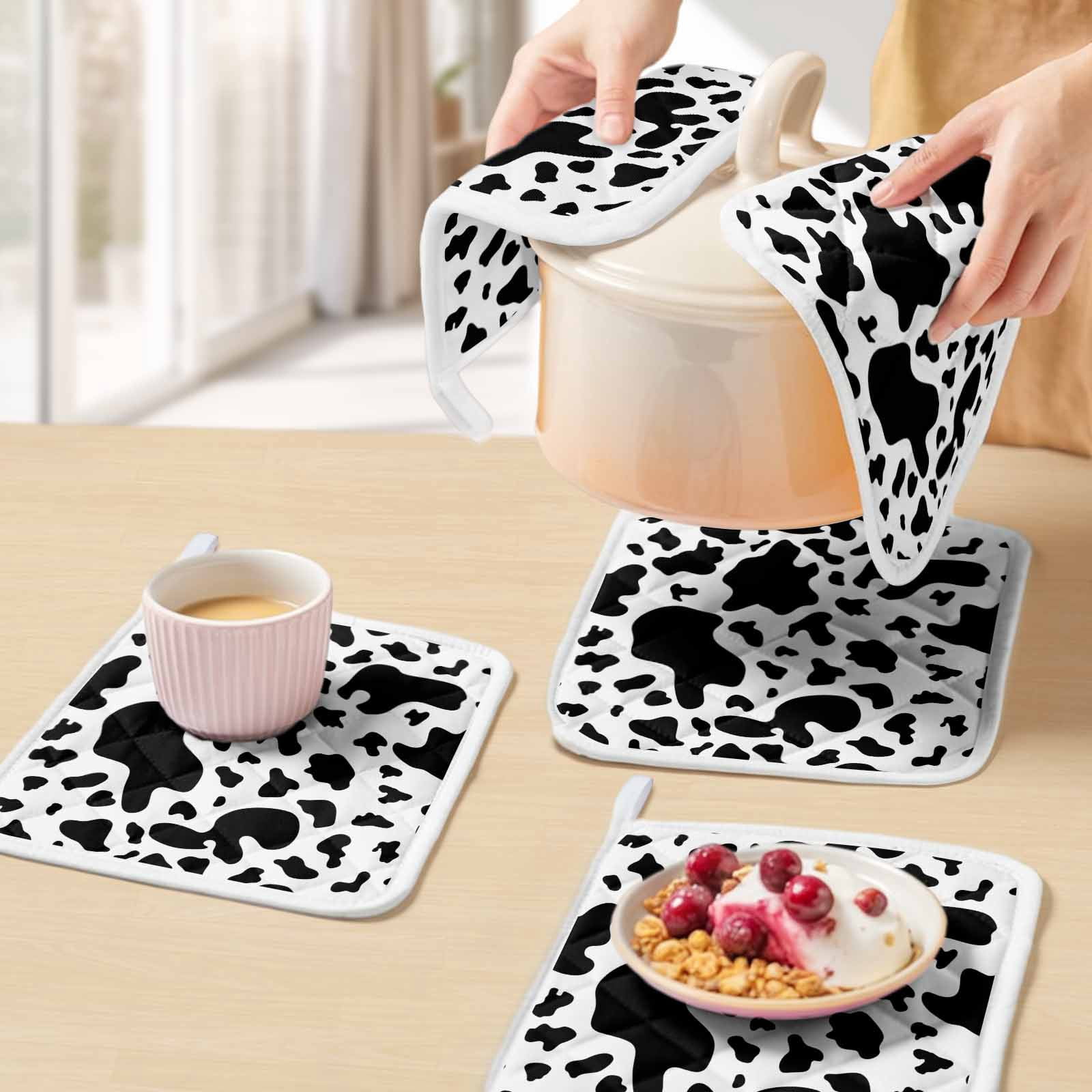 Cow Print Pot Holders for Kitchen Heatproof Potholder, 3 Pack Modern Black White Farm Animal Patterned Hot Pads Multipurpose Oven Pads Cloth Potholders Trivet for Cooking Baking