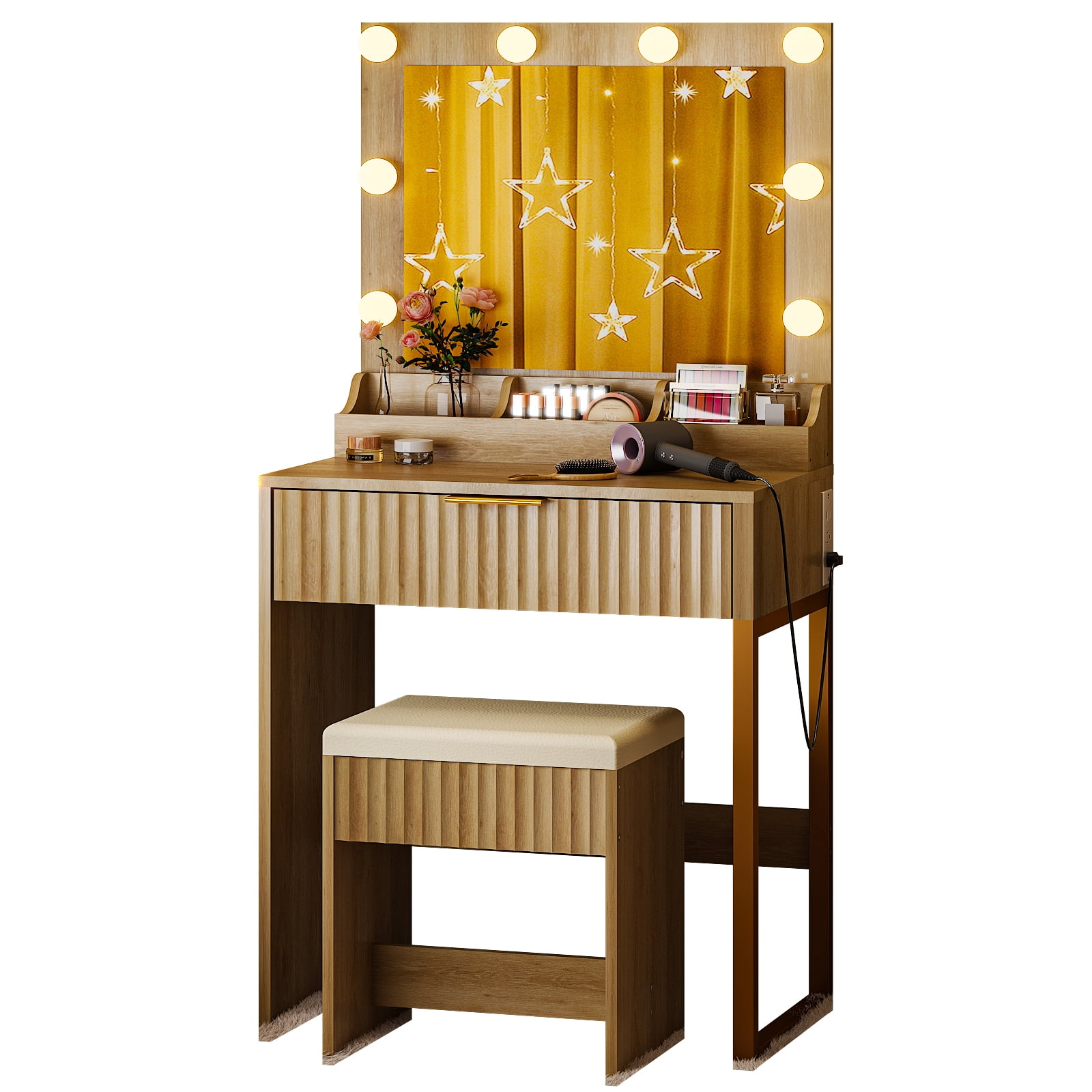 Dressing Table Set with 1 Drawer, 3 Storage Compartments, 8 Tri-Color Light Bulbs, Grille-Finished, Power Strip, Particleboard, Oak, 27.13 x 15.71 x 52.87 in