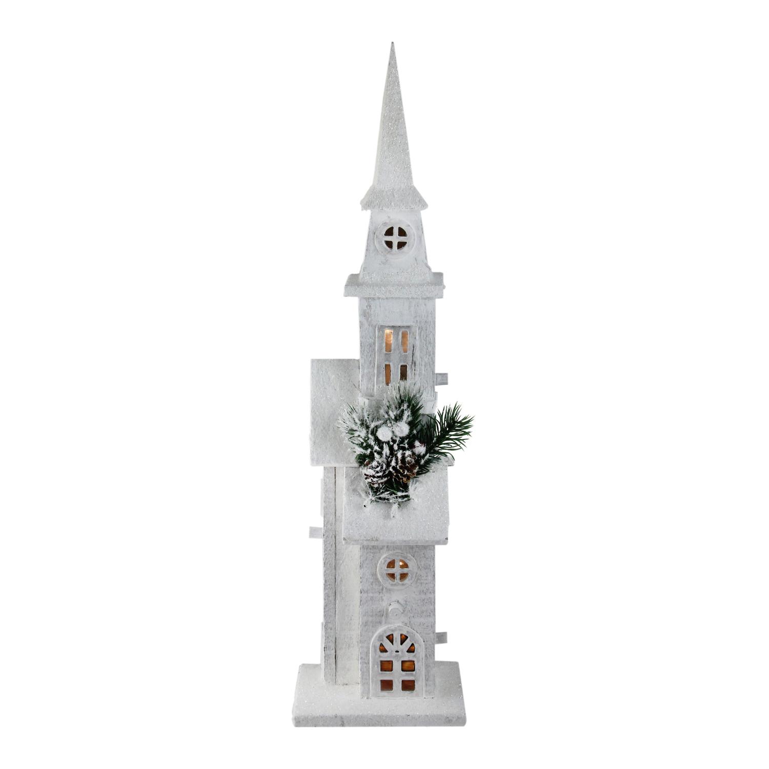 20.75" LED Lighted White Snowy Wooden Church Christmas Decoration