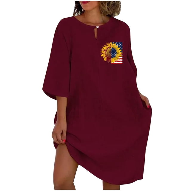 Vestido de Verano para Mujeres Color Sólido Imitación de Lino Cuello Redondo, Manga Corta Estilo Casual para el Uso Diario, Fiesta Y Primavera