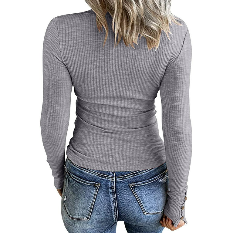 Workout Ribbed Button 2XL Trendy Women Fall Casual Sleeve Tshirts Knit Fit Slim Blouses Down Ruched Tunic Shirts Clearance! Tops Henley Qcmgmg Boho Neck Elegant Sweatshirt Women Long