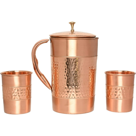 Pure Copper Water Jug with 2 Straight-Style Tumblers (Hammered & Plain) - Ayurvedic Benefits
