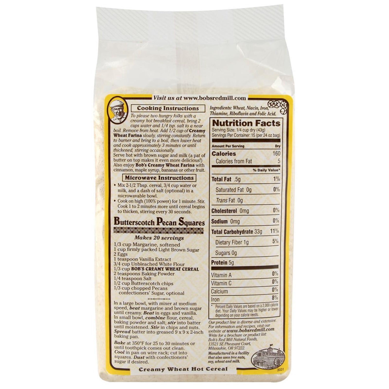 bob's red mill cream of wheat nutrition facts