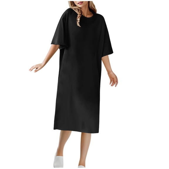 Npasoilc Ankle Dress for Women Crew Neck Short Sleeve T-Shirts Skirt Casual Loose Solid Color Long Dresses