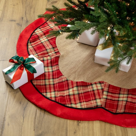Northlight 48" Burlap and Red Plaid Christmas Tree Skirt