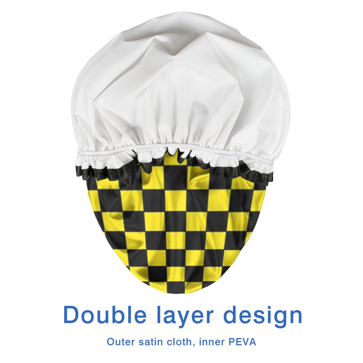 Shower Caps,Yellow and Black Checkered Pattern Waterproof Shower Cap for Women 4 Pieces,Double Reusable Hair Cover for Shower PEVA Elastic Stretch Hem