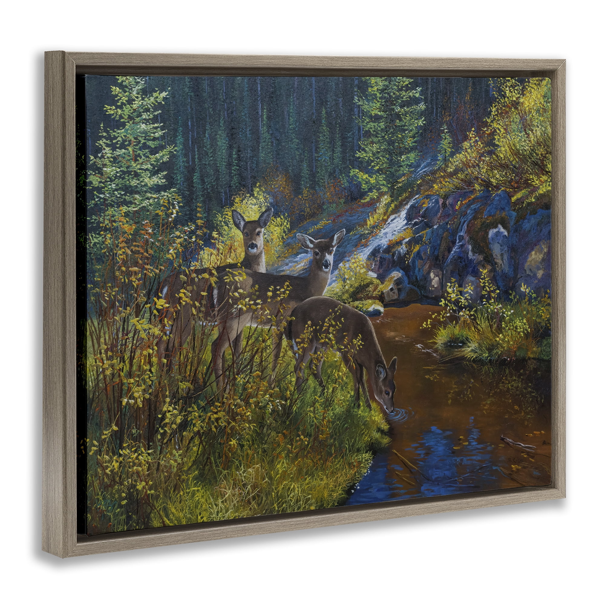 Stupell Industries Deer Drinking from River Landscape & Nature Painting Brown Floater Framed Canvas Art Print Wall Art, 21 x 17