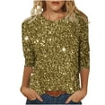 thumbnail image 4 of DDAPJ pyju 3/4 Sleeve Crewneck Shirts for Women 2025 Holiday Party Glitter Blouse Sparkly Sequin Printed T-shirt Plus Size Mid-length Pullover Tees Brown L, 4 of 6