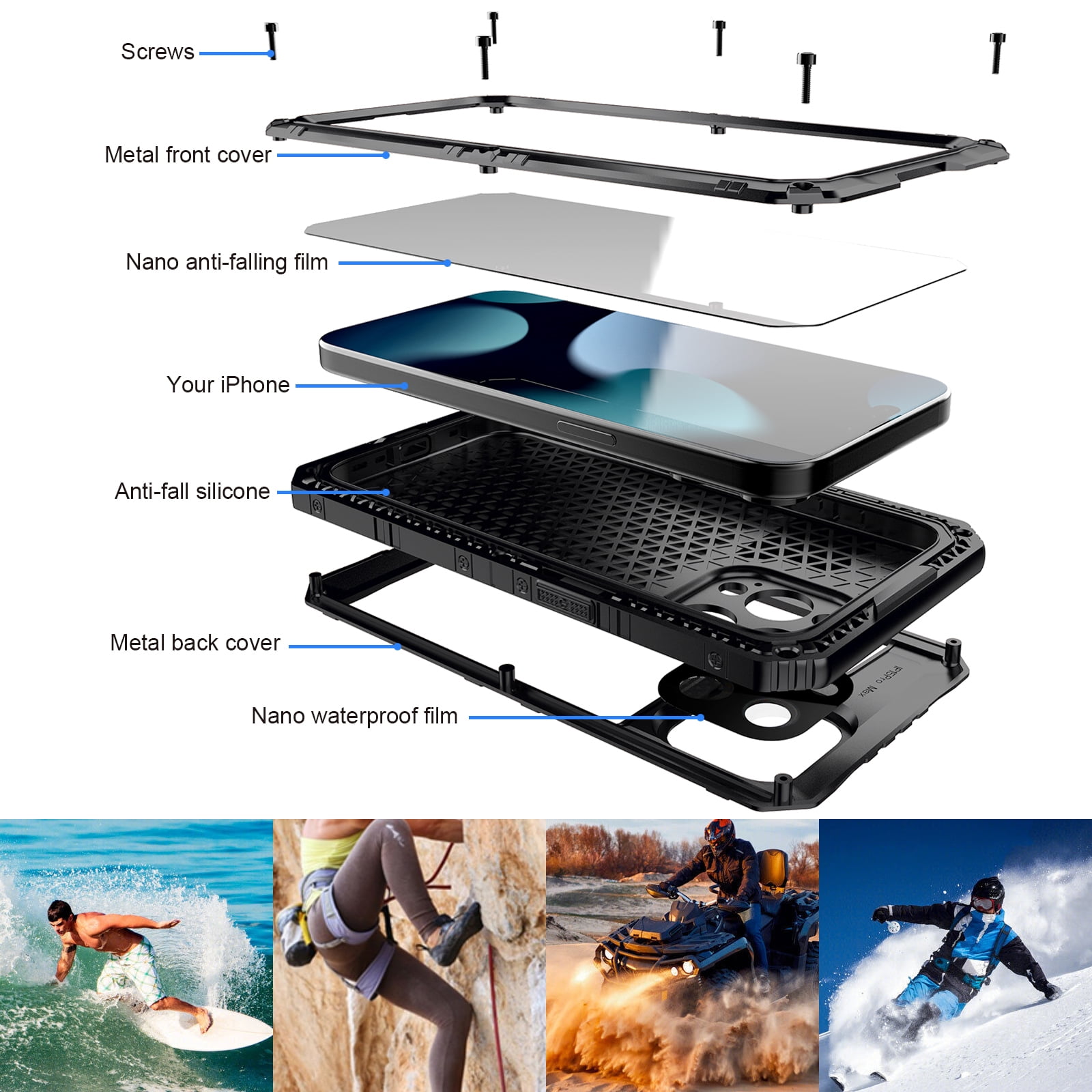 for iPhone 15 Pro Max Case, Military Grade IP68 Waterproof Dustproof Shockproof Full Body Sealed Underwater Case with Built-in Screen Protector Heavy Duty Metal Rugged Defender Phone Case,Black