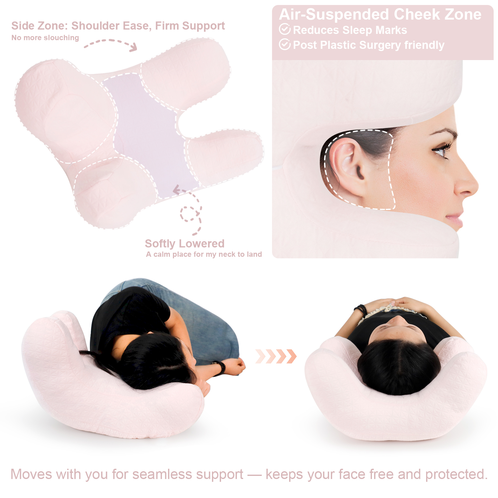 RoamReady Anti Wrinkle Anti-Aging Side Sleeper Pillow, Soft Neck Support Pain Relief Sleep Aid Beauty Pillow, Adult Pink