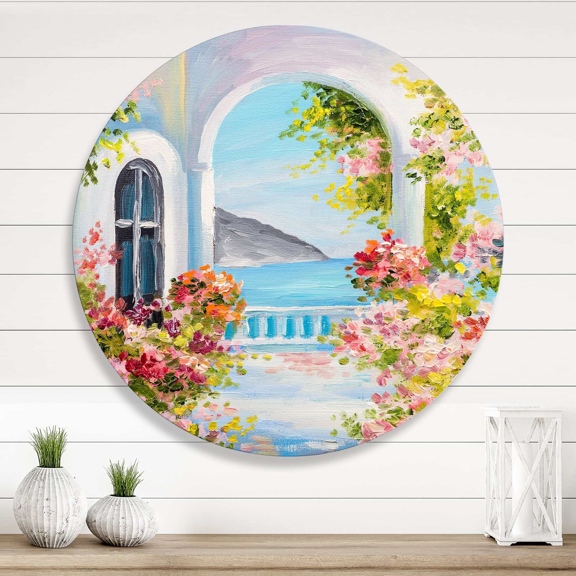 Designart 'Pink Flowers With Traditional Greek House' Nautical & Coastal Circle Metal Wall Art 11x11 - Disc of 11