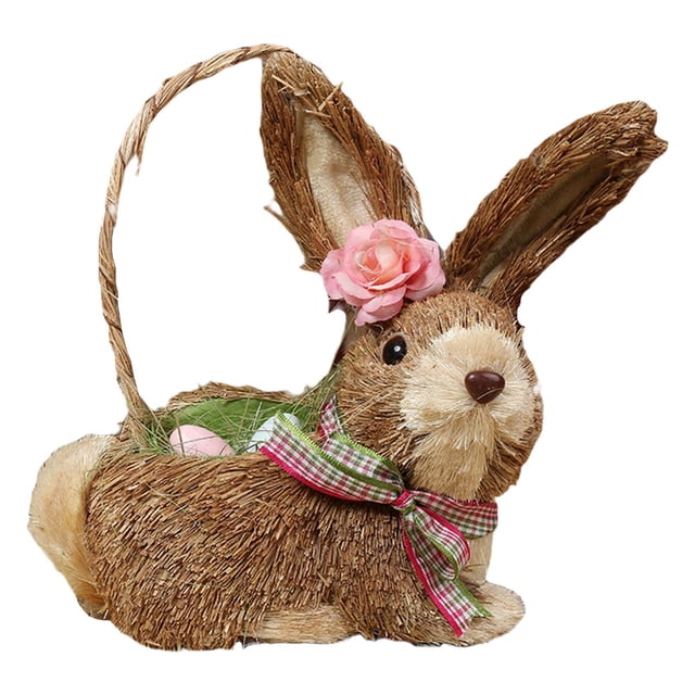 Creative Straw Rabbit deocration crafts Animal Model Rabbit Doll Filled Eggs Basket Figurine for garden and home Party Holiday Ornament