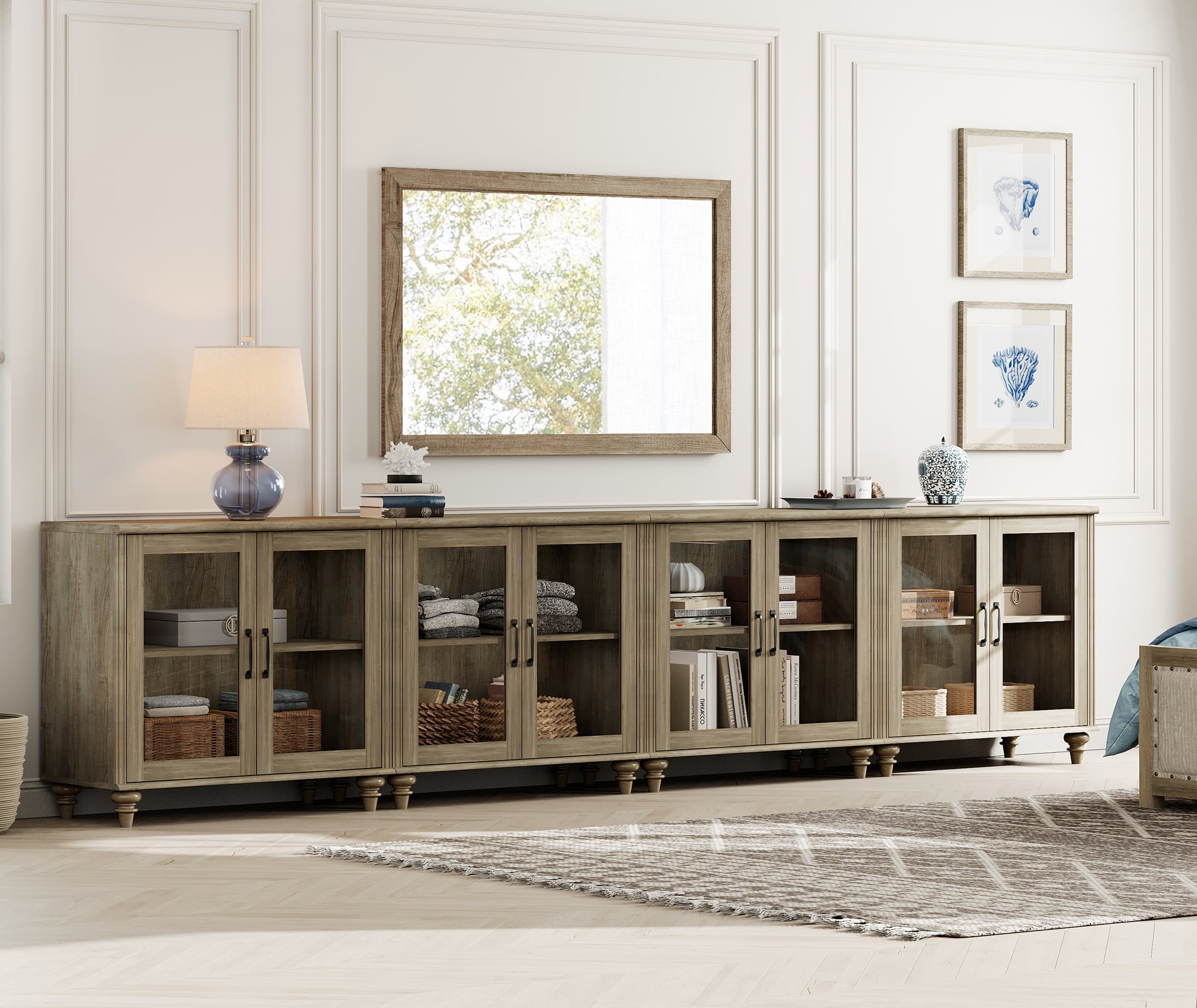 4-in-1 TV Stand, Wood Console Table Storage Cabinet for Living Room, Kitchen Sideboard Buffet Cabinet With Glass Door for Dining Room, Wash Grey
