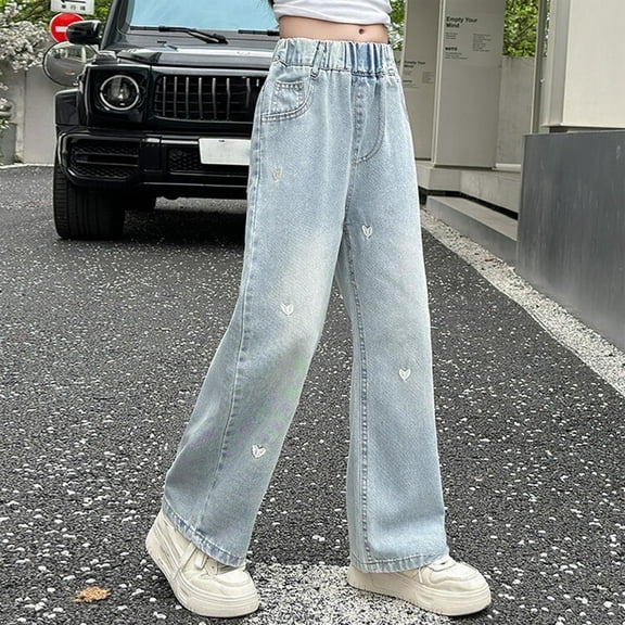 Juslio Jeans for Girls Cute Straight Leg Jeans Elastic Waist Multi Pocket Pants Sizes 5-15