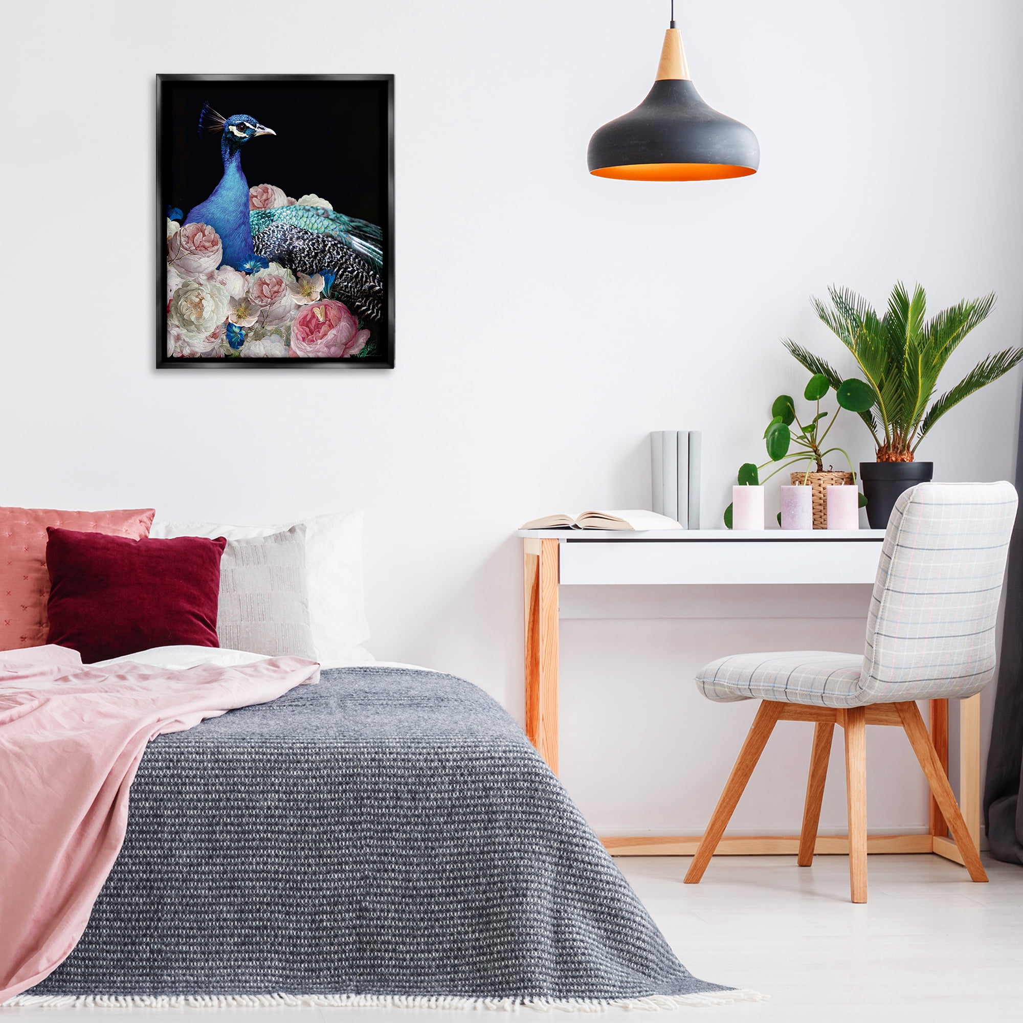 Stupell Industries Peacock & Peonies Animals Painting Black Floater Framed Canvas Art Print Wall Art, 25 x 31