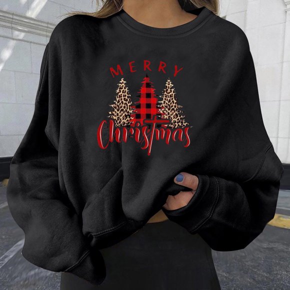 Hatchima Womens Tops Clearance,Christmas Women Fashion Casual Print Round Neck Loose Long Sleeve Short Tops Blouse,Hoodless Sweatshirts
