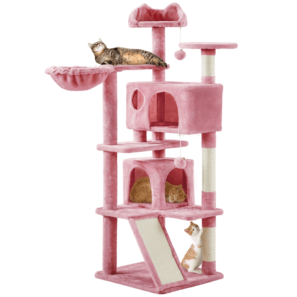 Alden Design 54" Double Condo Cat Tree with Scratching Post Tower, Pink