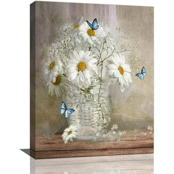 Daisy Bathroom Wall Decor Rustic Country Floral Pictures Wall Art Farmhouse White Flower Butterfly Bathroom Decor Canvas Print Painting Framed Modern Gallery Home Artwork for Bedroom Kitchen 12"x16"