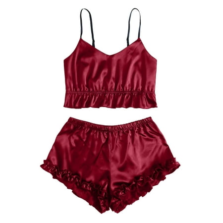 

EHTMSAK Women s Ruffle Loungewear 2 Piece Sleepwear Cami Top Shorts Pajamas Set Nightwear Pj Set Red L