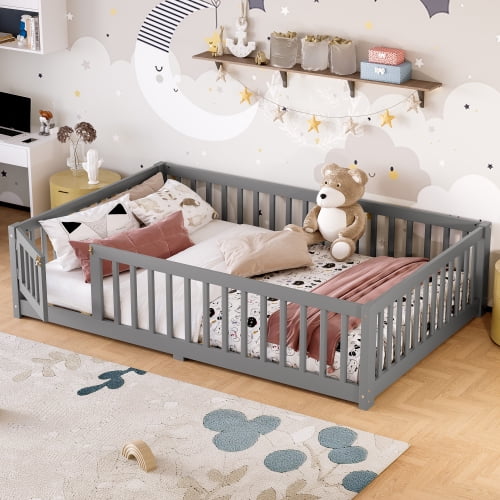 Montessori Style Full Size House Floor Bed with Safety Rails, Removable Door and Slats, Low Profile Design, Secure Sleeping and Play Area, Gray