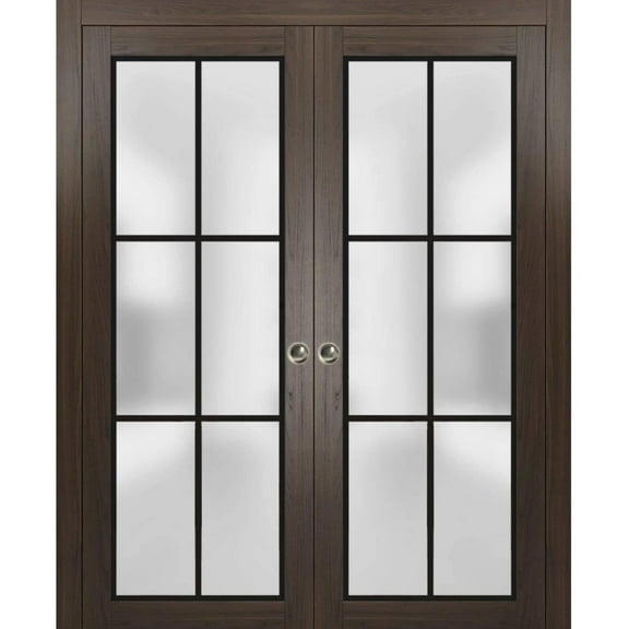 Sliding French Double Pocket Doors 36 x 80 inches | Planum 2122 Chocolate Ash Frosted Glass | Kit Trims Rail Hardware | Solid Wood Interior Bedroom Sturdy Doors