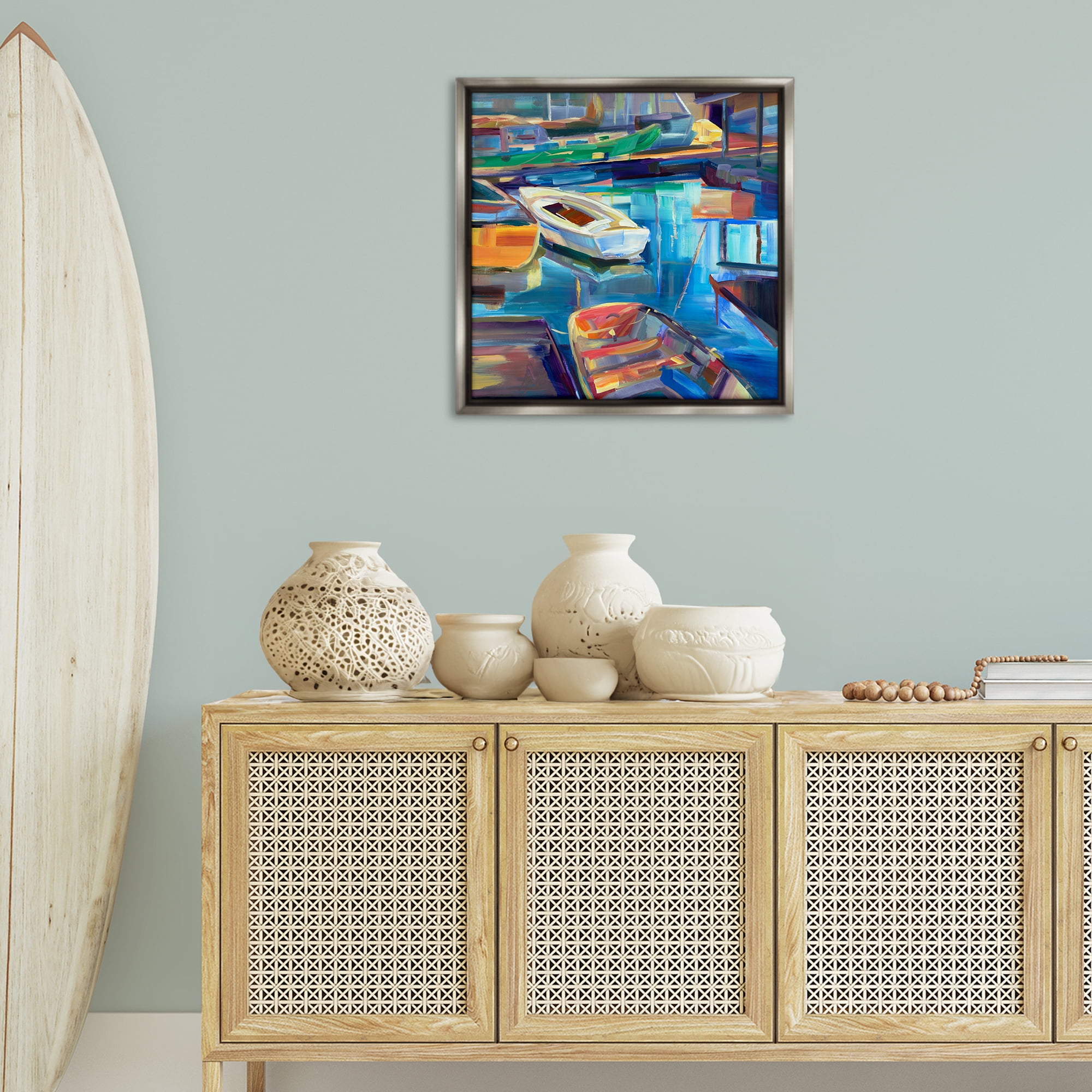 Stupell Industries Boat Marina Abstraction Transportation Painting Gray Floater Framed Canvas Art Print Wall Art, 25 x 25